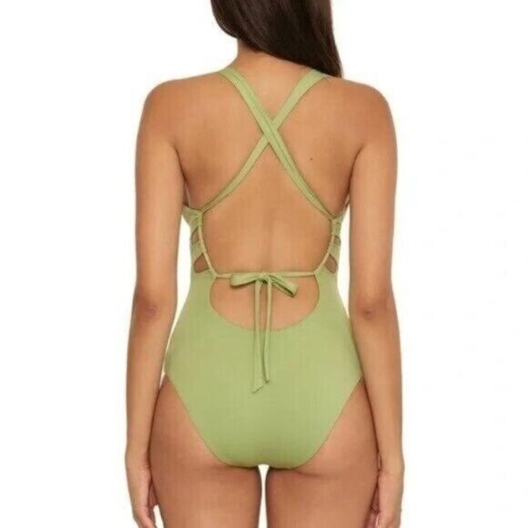 BECCA by Rebecca Virtue One-Piece Swimsuit S Plunge Sage Green NEW - Picture 3 of 12